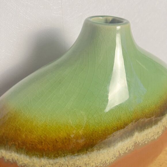 MCM Style Oval Ceramic Vase Red Green Tan Glaze. - Picture 3 of 8